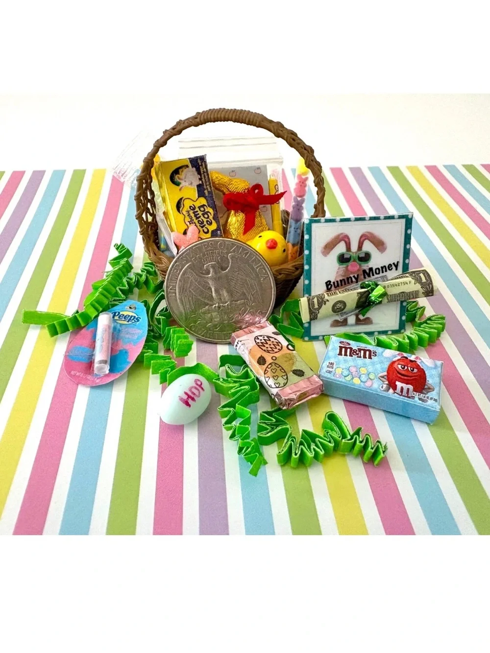 Dollhouse Miniature Easter Basket + Candy Eggs & Peeps for Fashion Doll